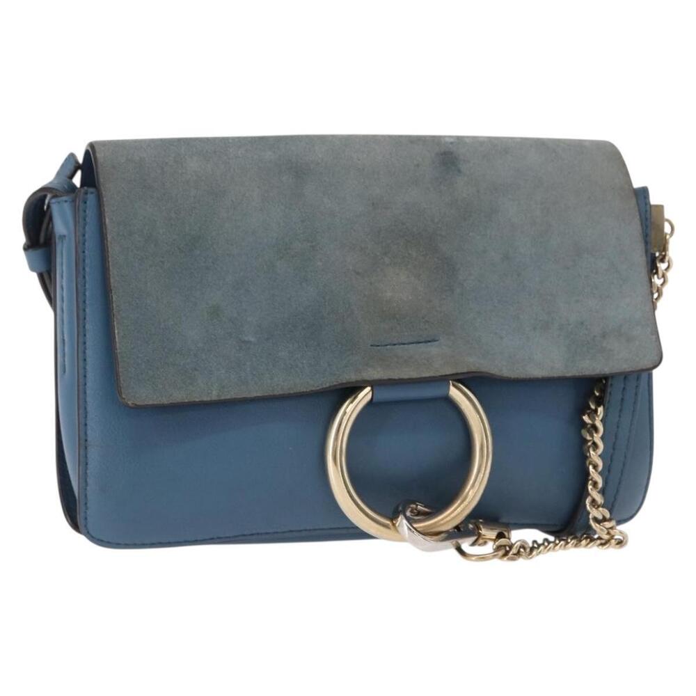 Chloe Fay Shoulder Bag Suede Leather Blue Gold Auth BA8910